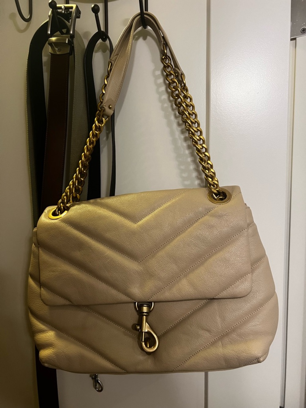 Rebecca Minkoff Quilted Beige Shoulder Bag with Gold Chain